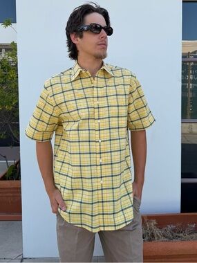 Vtg 90s towncraft Yellow and blue plaid cotton button-up shirt Size M #preppy